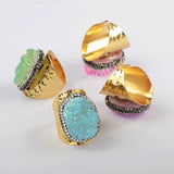 Rhinestone Pave Titanium Pink Druzy Geode Gold Band Ring JAB964