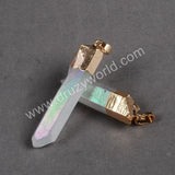 Gold Plated Raw Titanium AB White Natural Aura Crystal Quartz Point Pendant G0061