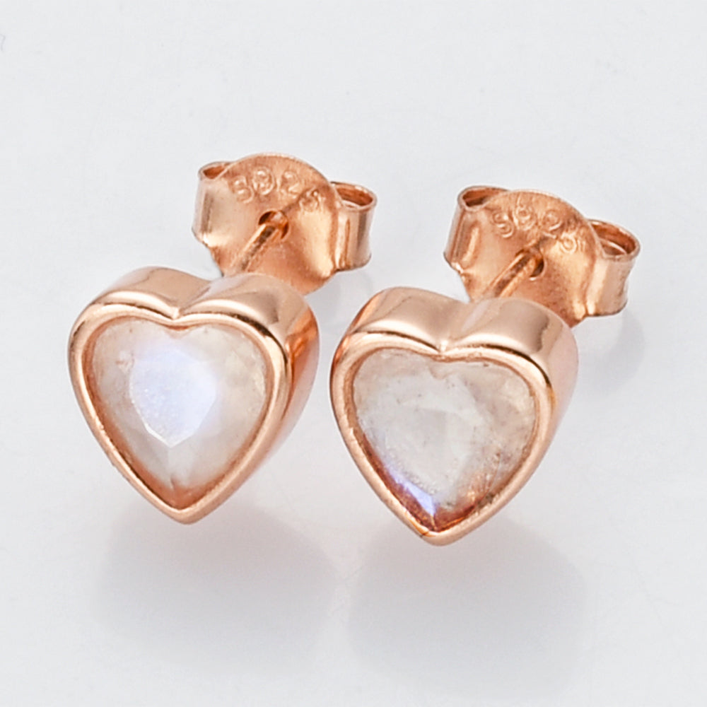rose gold earrings S925 Sterling Silver Heart Moonstone Faceted Stud Earrings LM033