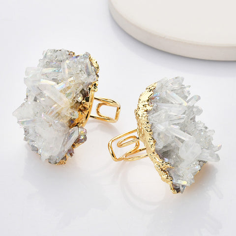 Gold Plated Angel Aura Quartz Titanium AB White Cluster Crystal Point Ring, Boho Jewelry G2094