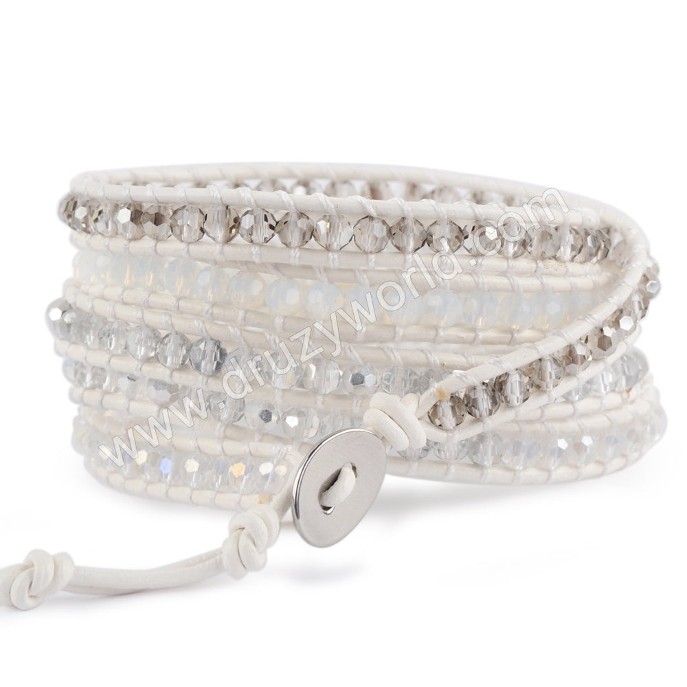 Bohemian 4mm White Glass Quartz Beads 5-Layers Leather Wrap Bracelet, Handmade Boho Jewelry HD0108