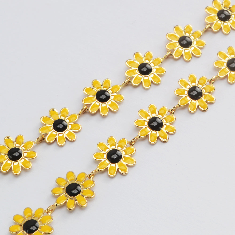 16 Feet Gold Plated Brass Enamel Paint Daisy Chains, Yellow Flower Chain, For Bracelet Necklace Jewelry Making, Chain Findings PJ508