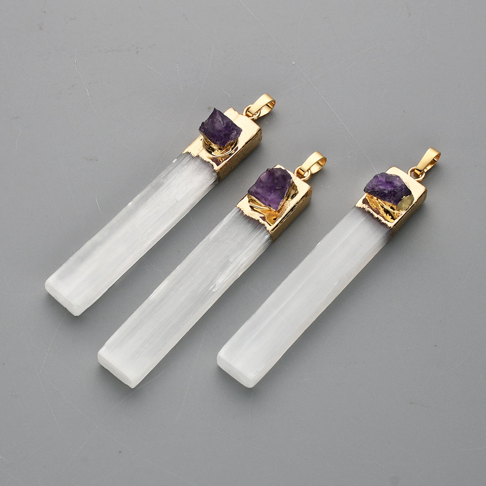 Gold Plated Natural Selenite Bar Pendant/Necklace, Pave Raw Gemstone Chips, Healing Crystal Stone Pendant, Boho Jewelry G2090