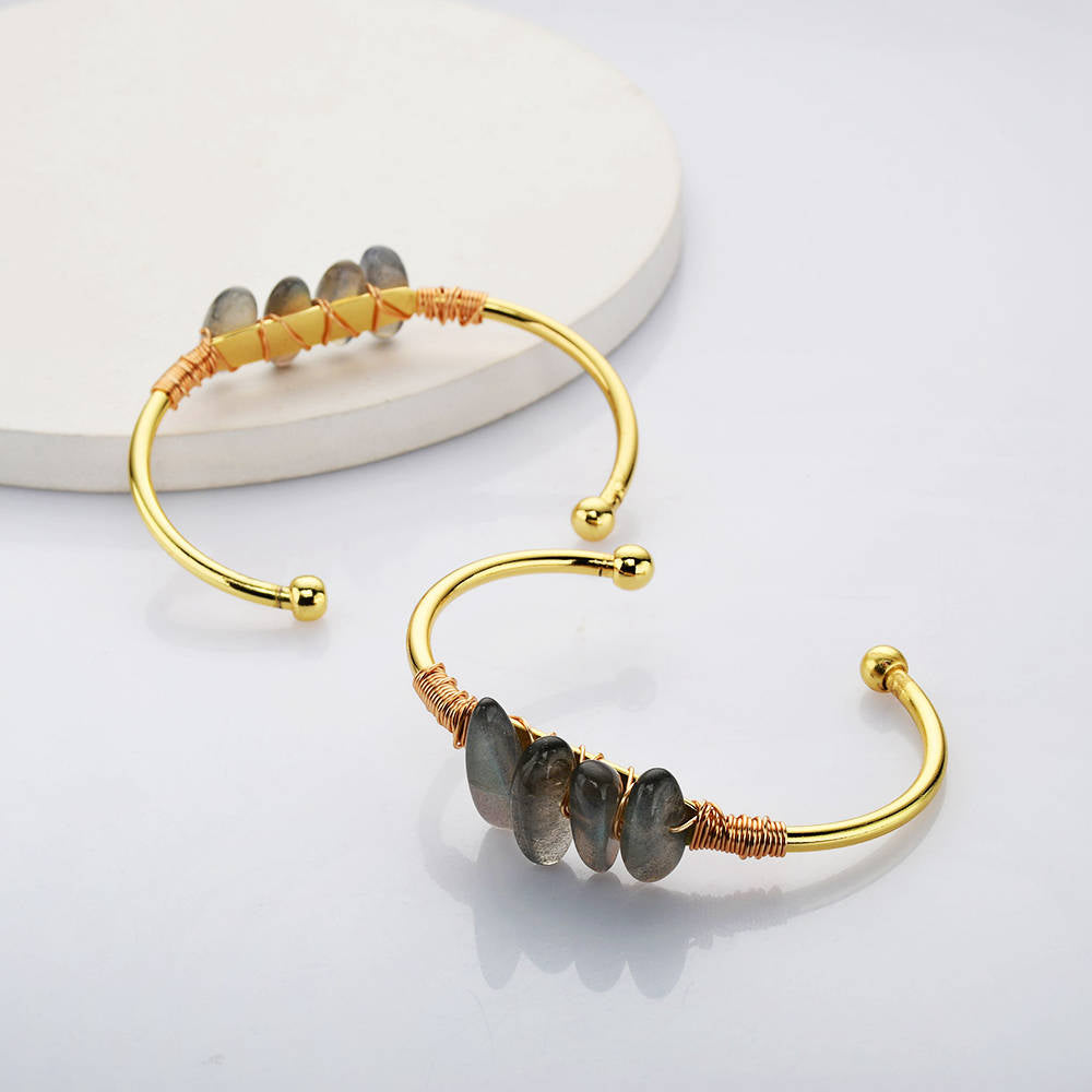 Gold Wire Wrap Labradorite Bangle Bracelet Oval Shape Stone Labradorite Crystal Bracelet Jewelry  WX2078