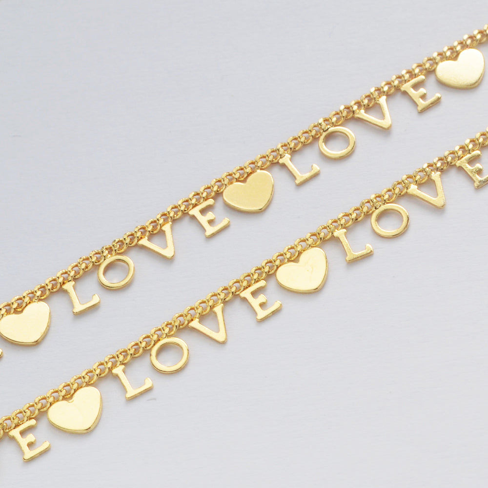 16 Feet Heart Gold Plated Brass LOVE Letter Chain, For Necklace Bracelet Jewelry Making, Wholesale Supply PJ512