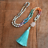 32" Raw Crystal Blue Tassel 8mm Rainbow Stone Beads Long Necklace, Mala Prayer Balance Meditation Reiki Spiritual Jewelry HD0309