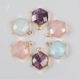 Hexagon Gemstone Faceted Charm Gold Plated, Amethyst Rose Quartz Amazonite Charm G0949