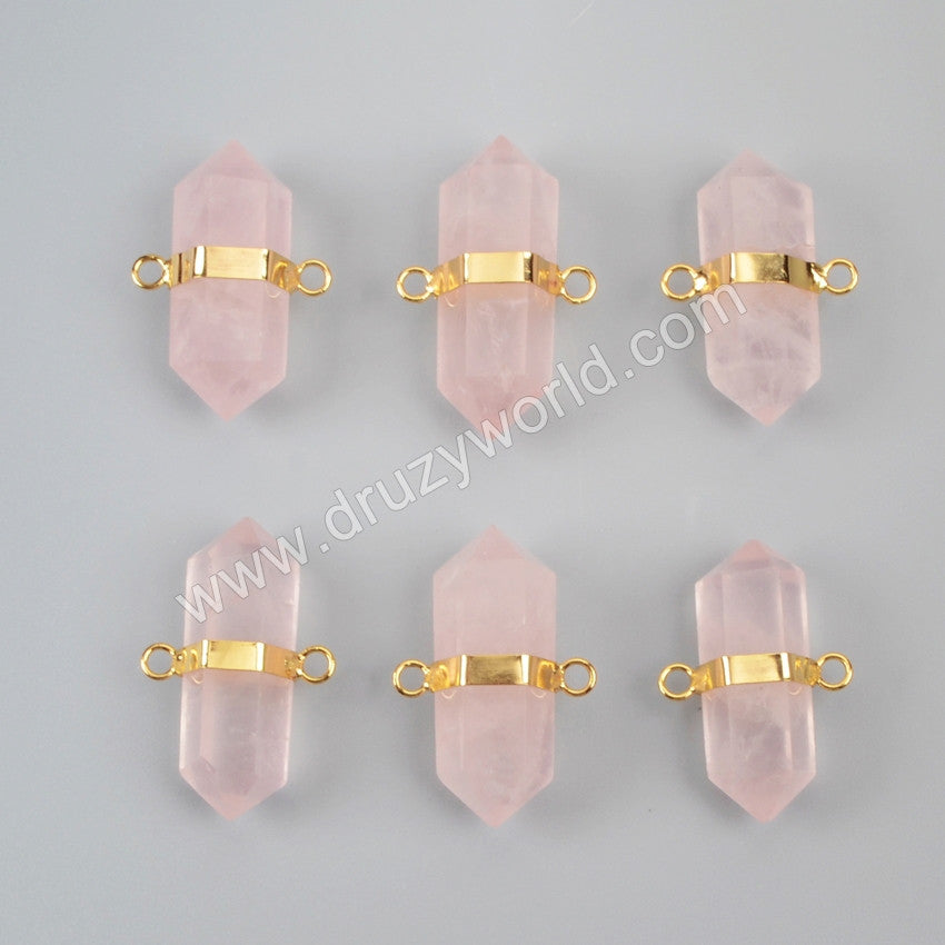 Gold Plated Hexagon Natural Rose Quartz Faceted Connector Double Bails G1011