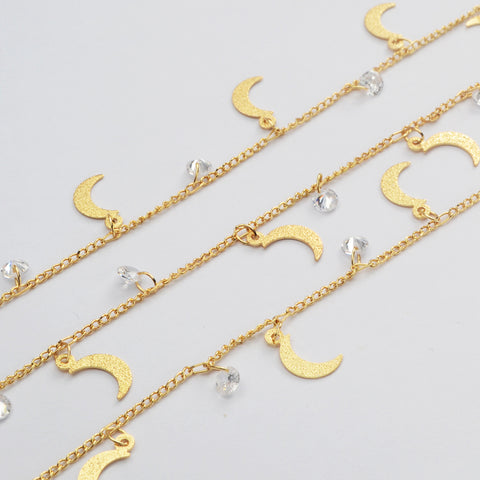 16 Feet Gold Plated Brass CZ Moon Chain, Zircon Crescent Chain, For Necklace Bracelet Jewelry Making, Wholesale Supply PJ498