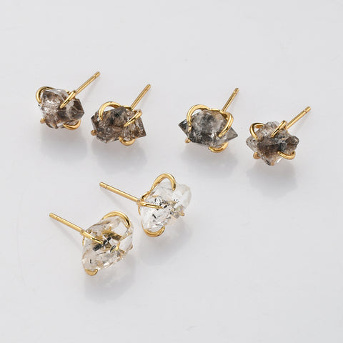 Gold Plated Claw Herkimer Quartz Stud Earrings, Healing Gemstone Post Earrings, Raw Crystal Jewelry ZG0502