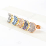 Crescent Moon Natural Agate Titanium Rainbow Druzy Stud Earrings Gold Plated Crystal Jewelry G0913