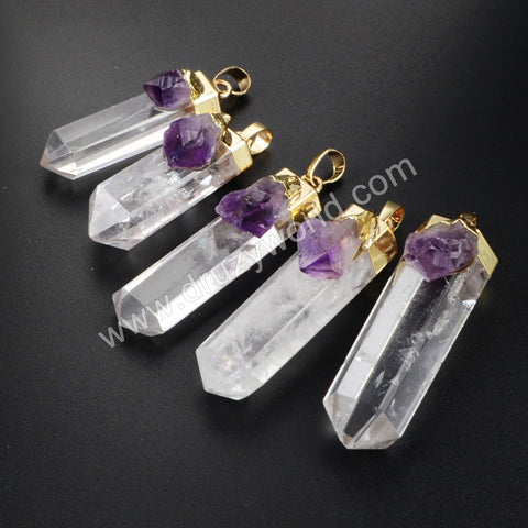 Gold Plated Cluster Aura Druzy Quartz Crystal Point & Natural Amethyst Druzy Pendant WX009