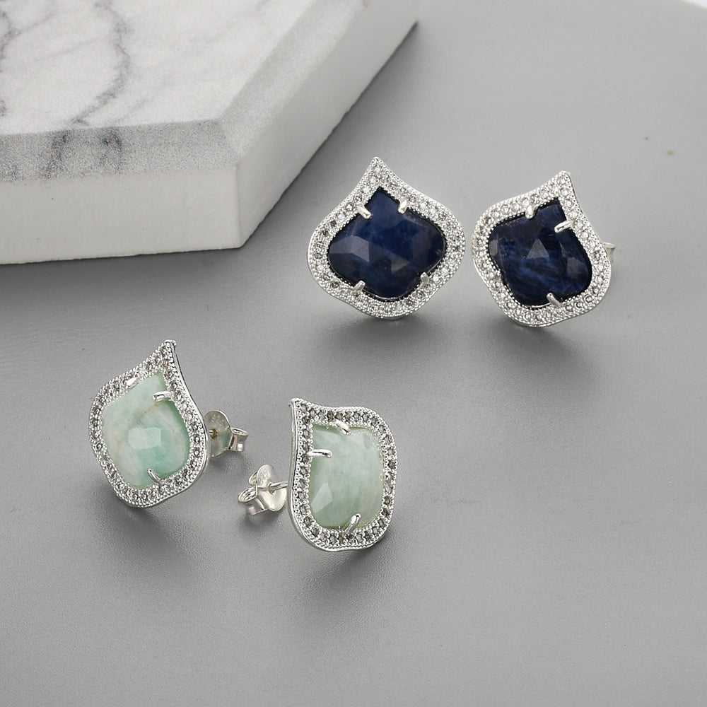 Teardrop Silver Plated Claw Natural Blue Sodalite Amazonite Micro Pave Stud Earrings, Faceted Crystal Stone Post Earrings, CZ Studs Fashion Jewelry WX2146