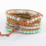 Gold Faceted Amazonite 4mm Multi Stone Beads Layers Leather Wrap Bracelet, Boho Handmade Jewelry HD0078