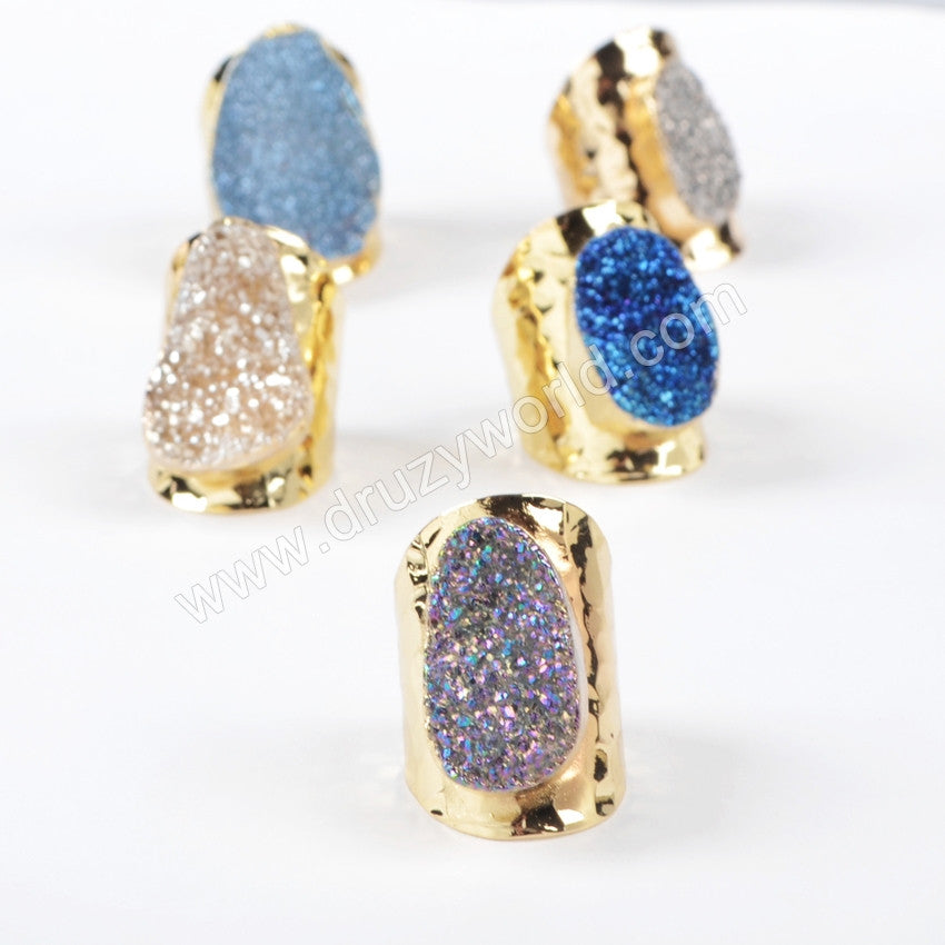 Gold Plated Oval Natural Agate Titanium Rainbow Druzy Band Ring G0890
