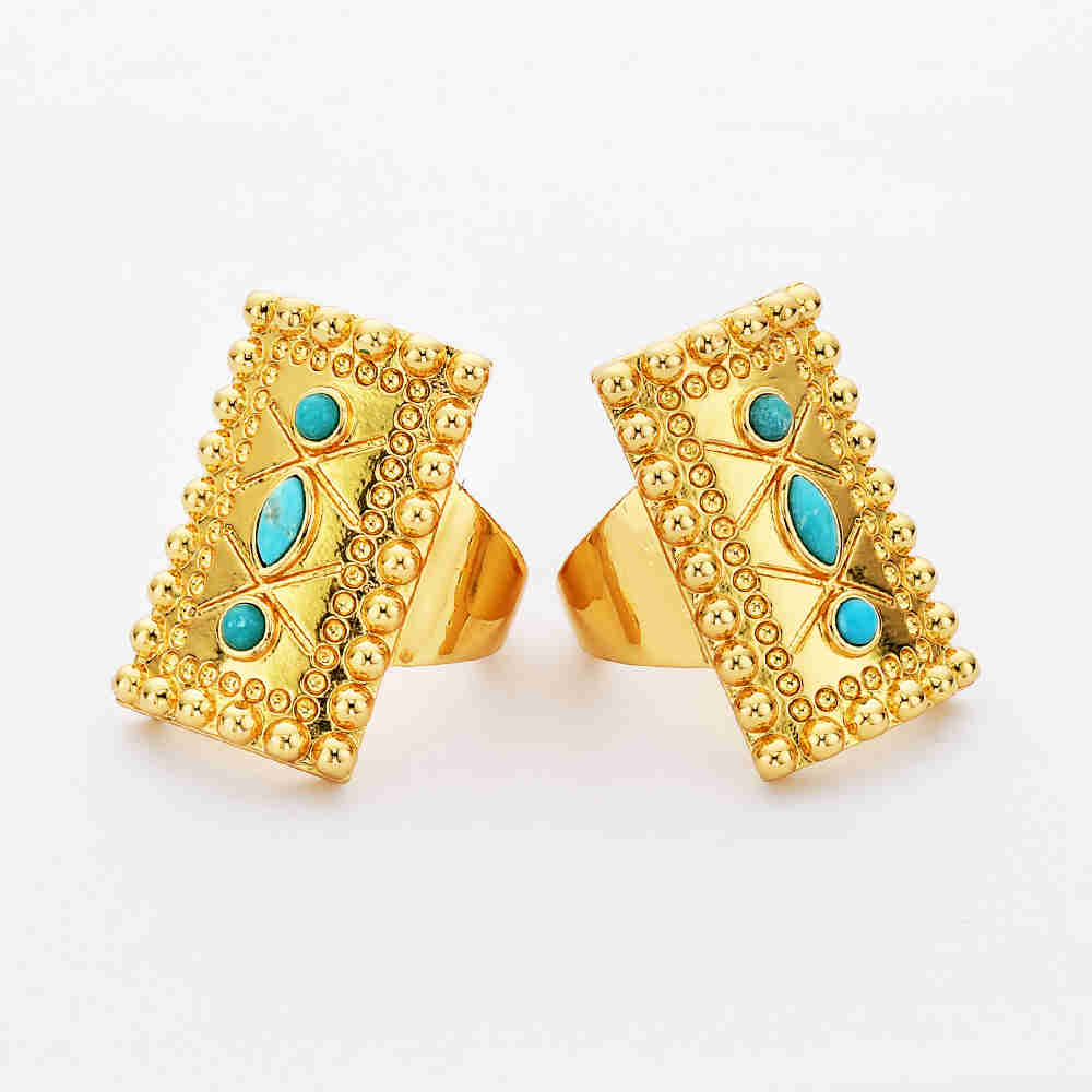Rectangle Gold Plated Brass Bezel Natural Turquoise Ring ZG0459 genuine turquoise ring 