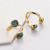 Adjustable Gold Plated Double Copper Turquoise Ring, Real Turquoise Aqua Gemstone Jewelry G2082