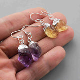 Silver Plated Natural Amethyst / Citrine Dangle Earrings Raw Gemstone Crystal Earrings WX2132