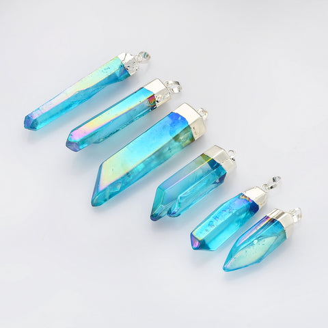 Polished Silver Plated Aqua Aura Crystal Point Pendant Beads, Raw Titanium Blue Quartz Jewelry S0360-2