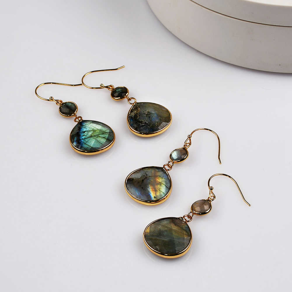 Gold Plated Natural Labradorite Earrings, Small Round Fat Teardrop Shape, Faceted Briolette Labradorite Dangle Earrings G2088
