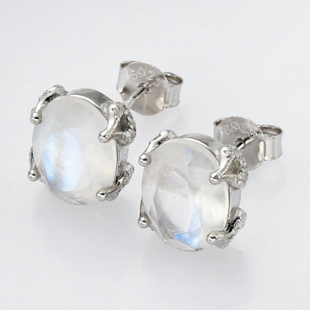 S925 Sterling Silver Oval Moonstone Faceted CZ Micro Pave Stud Earrings LM030