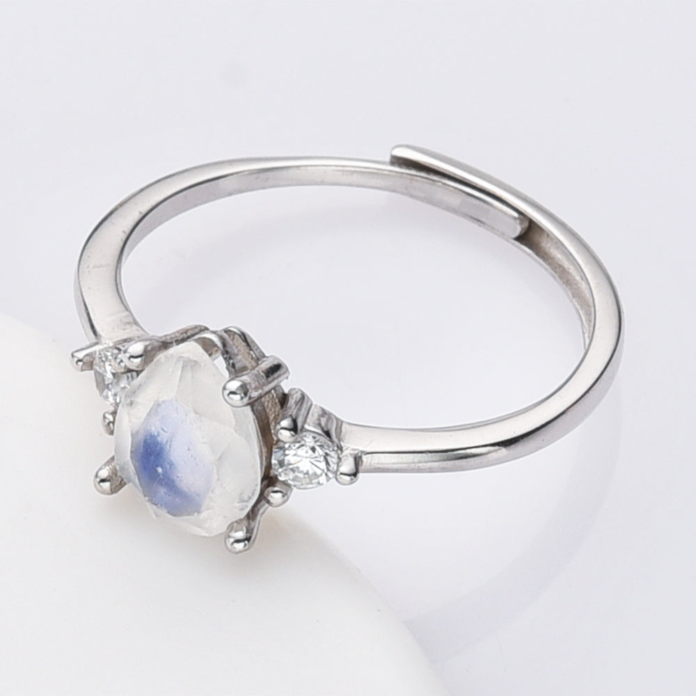 Teardrop 925 Sterling Silver Natural Moonstone Ring, Adjustable Size, CZ Pave, Faceted Gemstone Ring, Wholesale Jewlery SS233