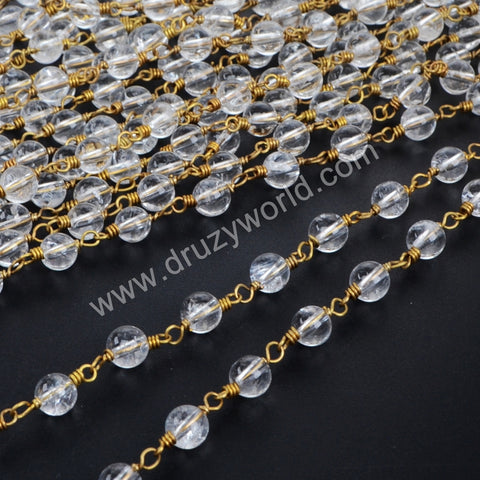 5m/lot,Gold Plated 6mm Round Natural Clear Quartz Beads Wire Wrapped Rosary Chain JT121