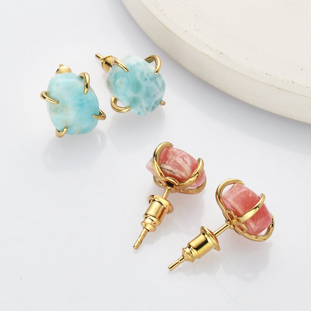 Gold Natural Rhodochrosite Claw Stud Earrings, Larimar Studs, Healing Gemstone Earrings ZG0497