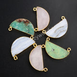 Half Round Australia Jade Connector Gold Plated, Rose Quartz Half Moon, For Jewelry Making G1025