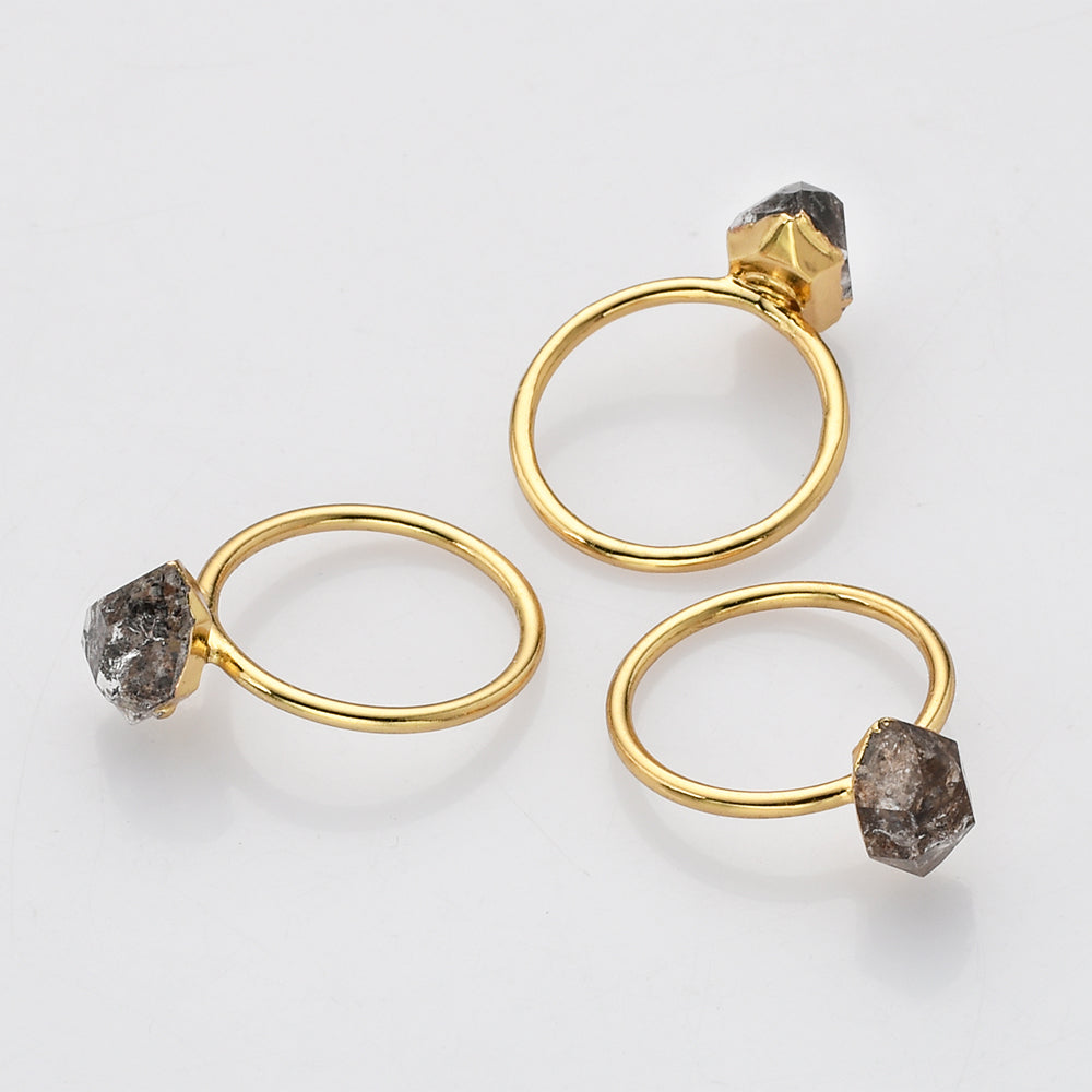 Gold Plated Raw Herkimer Diamond Ring, Healing Crystal Quartz Jewelry G2100