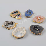 Gold Plated Natural Crystal Quartz Titanium AB White Druzy Geode Slice Connector G1016