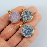 Gold Plated Round Natural Colors Agate Druzy Pendant, Crystal Coin Pendant G2020