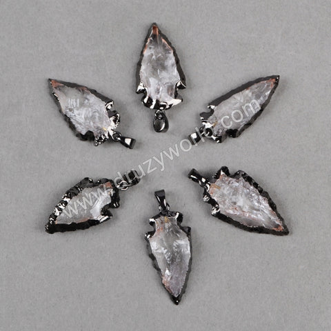 Rough Natural White Quartz Carved Arrowhead Pendant Bead With Gun Black Plated B0509