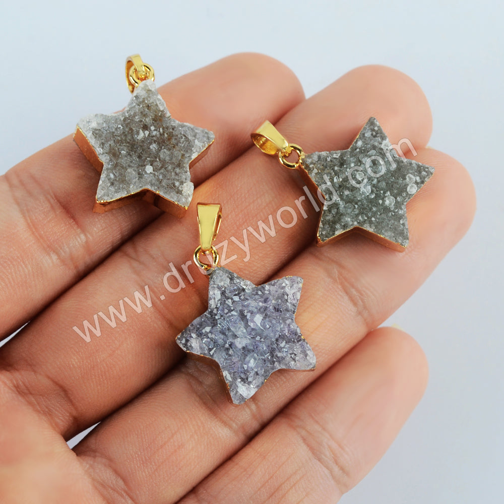 Gold Plated Star Natural Colors Agate Druzy Pendant, Crystal Star Pendant G2023