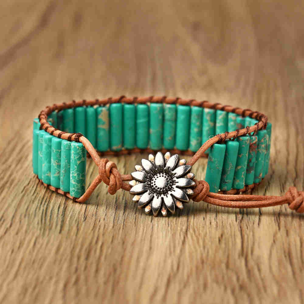Coral Jade Leather Wrap Boho Bracelet