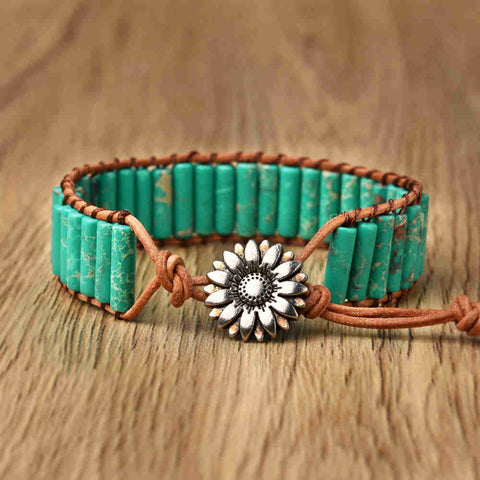 Cylinder Green Sea Sediment Jasper Bar Beads Leather Wrap Bracelet, Handmade Boho Jewelry HD0430