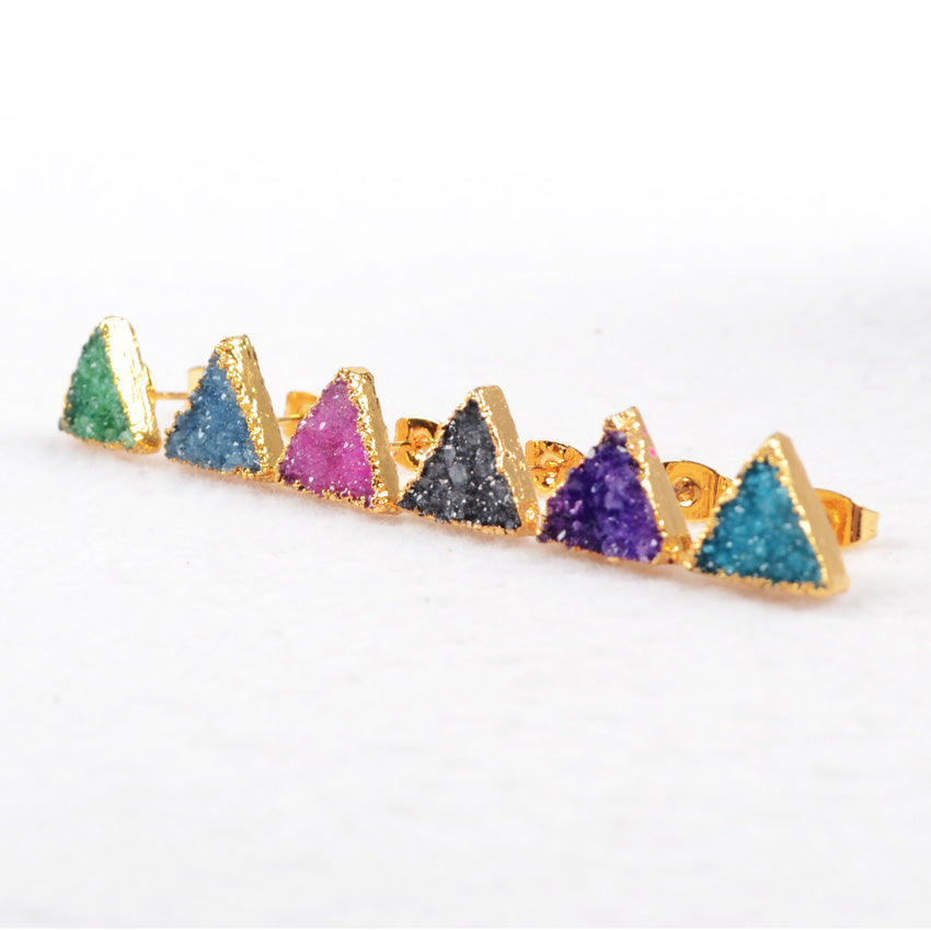 Colorful Agate Druzy Earrings, triangle druzy studs, blue druzy studs, crystal studs, druzy quartz studs, gemstone earrings, unique jewelry