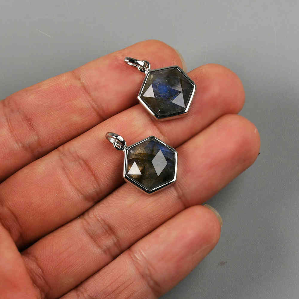 Hexagon Silver Bezel Briolette Gemstone Pendant Natural Labradorite Moonstone Copper Turquoise Healing Crystal Pendants Necklace ZS0473