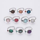 Silver Plated Hexagon Gemstone Faceted Ring, Adjustable Open Ring, Natural Crystal Stone Jewelry WX2196