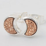 Silver Plated Bezel Crescent Moon Natural Titanium Druzy Studs Earrings ZS0282