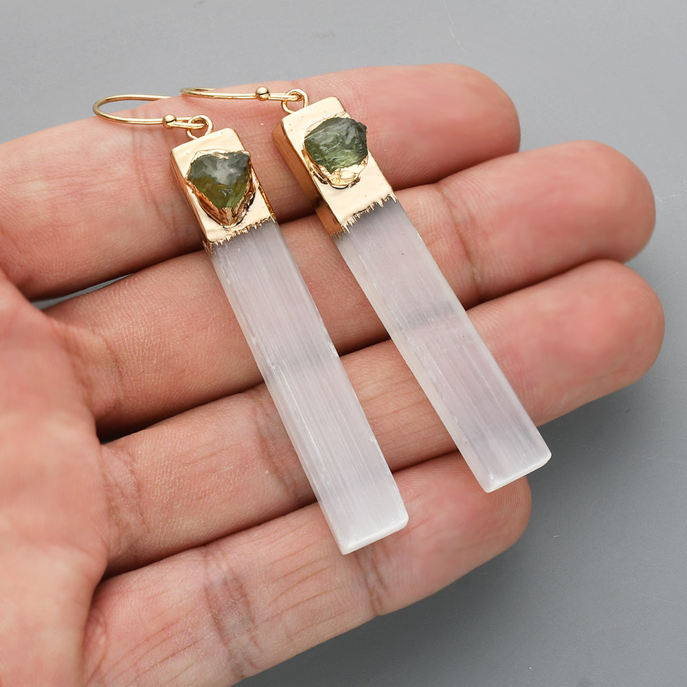 Gold Plated Rectangle Natural Selenite Crystal Earrings, Pave Raw Gemstone Chips, Healing Jewelry, Boho Earrings G2091 Peridot Earrings