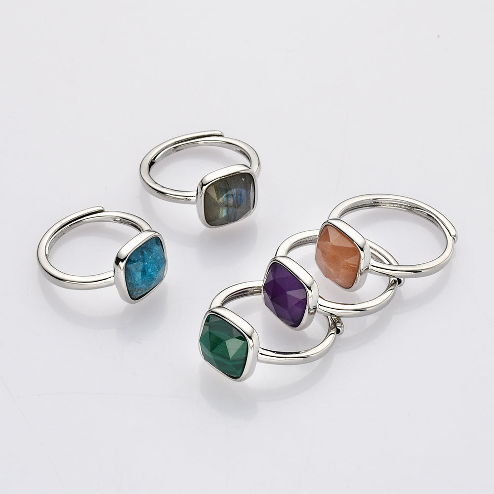 Adjustable Silver Square Gemstone Ring, Faceted, Healing Crystal Stone Ring Jewelry WX2209