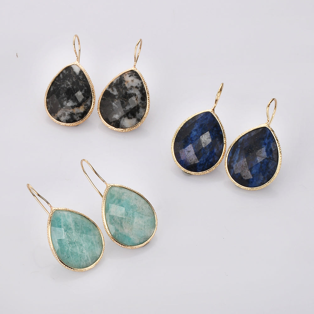 Teardrop Gold Plated Rainbow Natural Gemstone Earrings, Faceted Rose Quartz Amazonite Labradorite Lapis Amethyst Earrings,  Healing Crystal Stone Jewelry WX2148