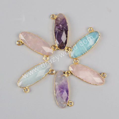 Gold Plated Long Oval Amethyst Rose Quartz Amazonite Faceted Connector G0943