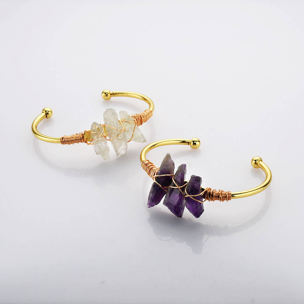 Gold Plated Brass Wire Wrap Natural Amethyst White Quartz Bangle Bracelet Crystal Gmstone Bracelet Jewelry WX2077