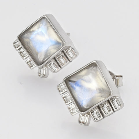 S925 Sterling Silver Diamond Square Moonstone Faceted Stud Earrings, Zircon Pave Crystal Fashion Jewelry SS251EG