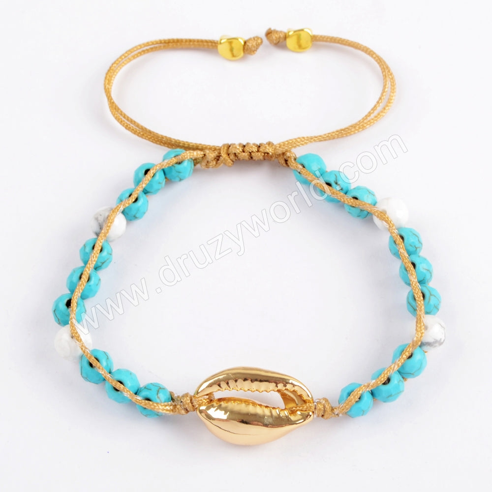Pure Handmade Narural Cowrie Shell Faceted Turquoise Beads Adjustable Rope Bracelet HD0001