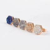 Gold Plated Hexagon Natural Agate Titanium Rainbow Druzy Stud Earrings G0907