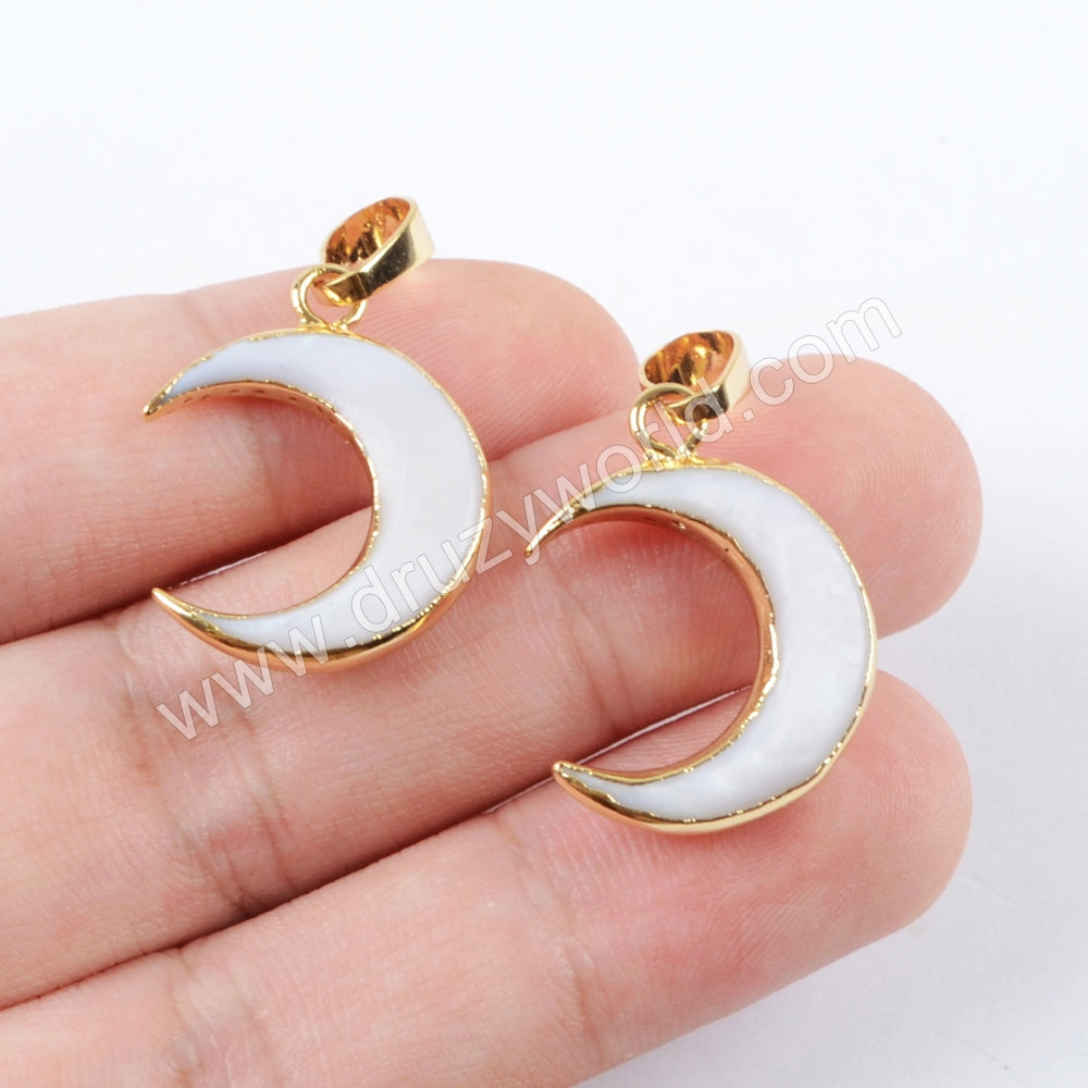 Gold Plated Natural White Shell Moon Pendant For Jewelry Making G1668