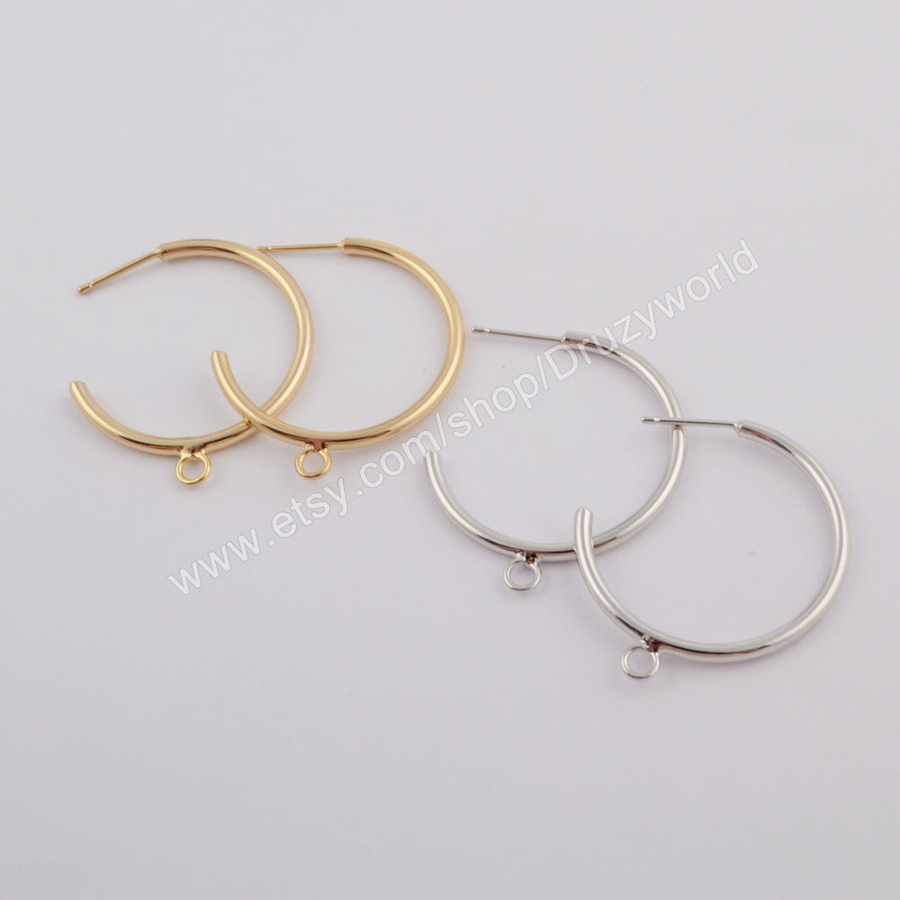 50Pcs Simple Crescent Gold/Silver Plated Brass DIY Stud Earrings Finding With Loop Circle Round Charm Fashion Making Jewelry Tool PJ380